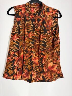 Ellen Tracy Sleeveless Floral Blouse in Black, Orange and Gold